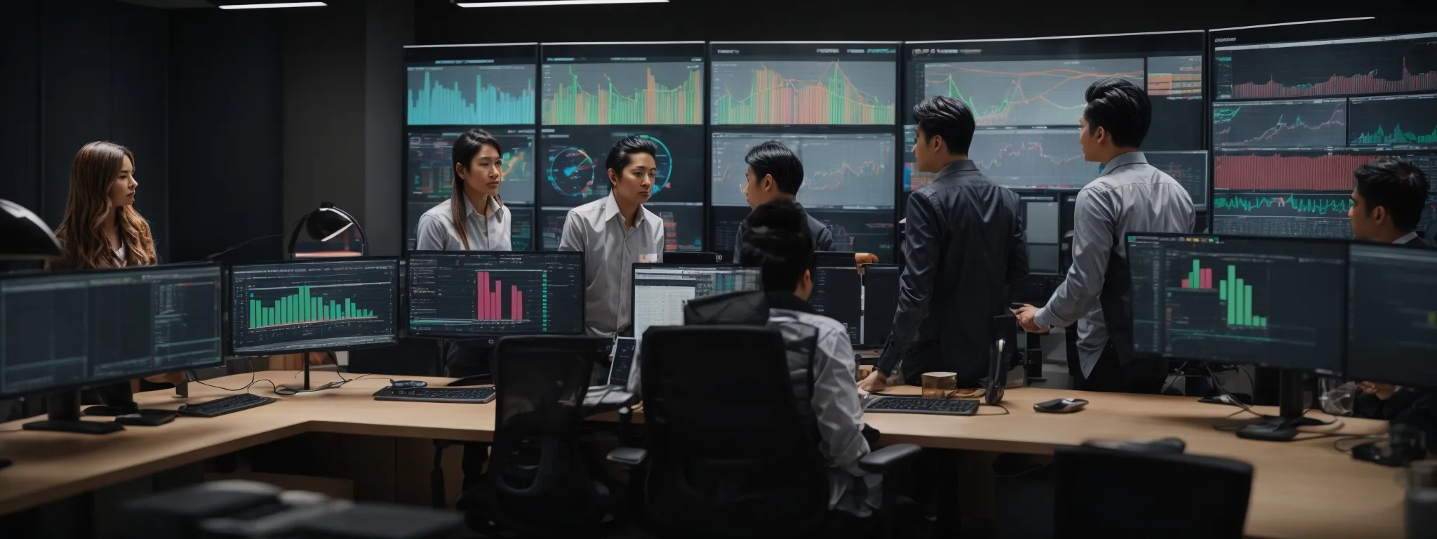 a group of professionals in a relaxed office environment, visibly collaborating and strategizing around a large monitor displaying colorful analytics graphs.