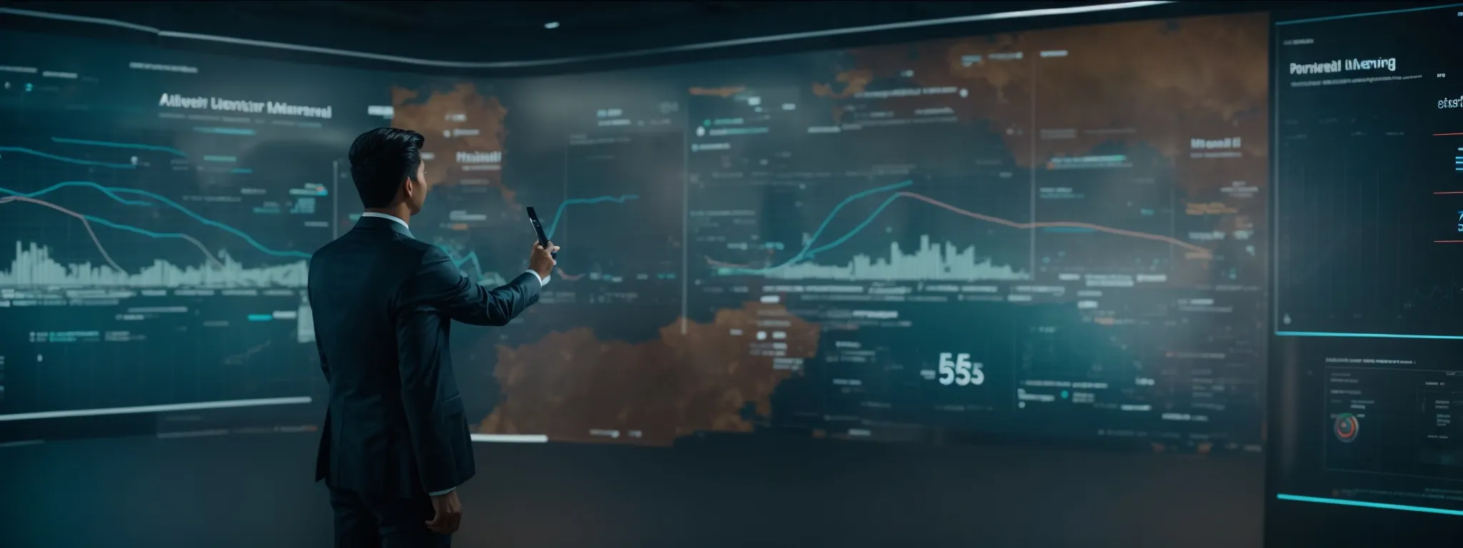 a business professional touches an interactive screen displaying a futuristic digital marketing dashboard.