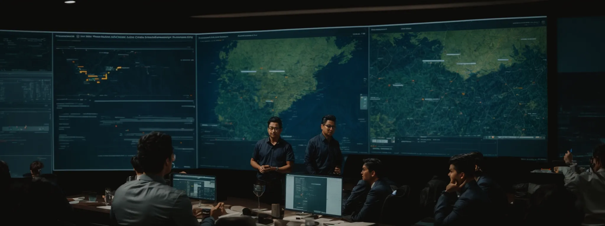 a group of professionals discussing strategies over a digital map on a large screen.