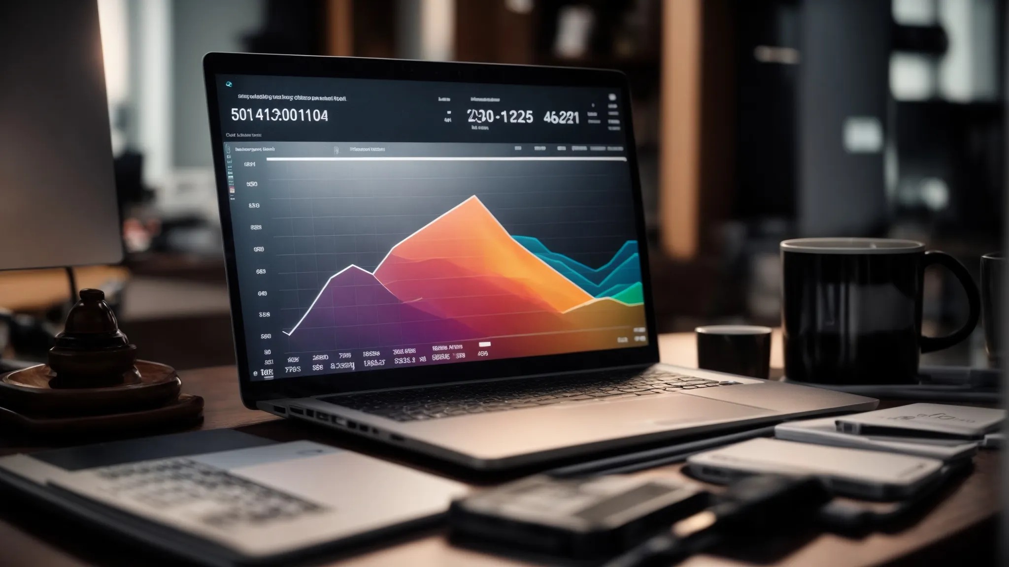 a laptop sits on a desk surrounded by graphs and charts, with a brightly lit screen displaying a rising sales trend.