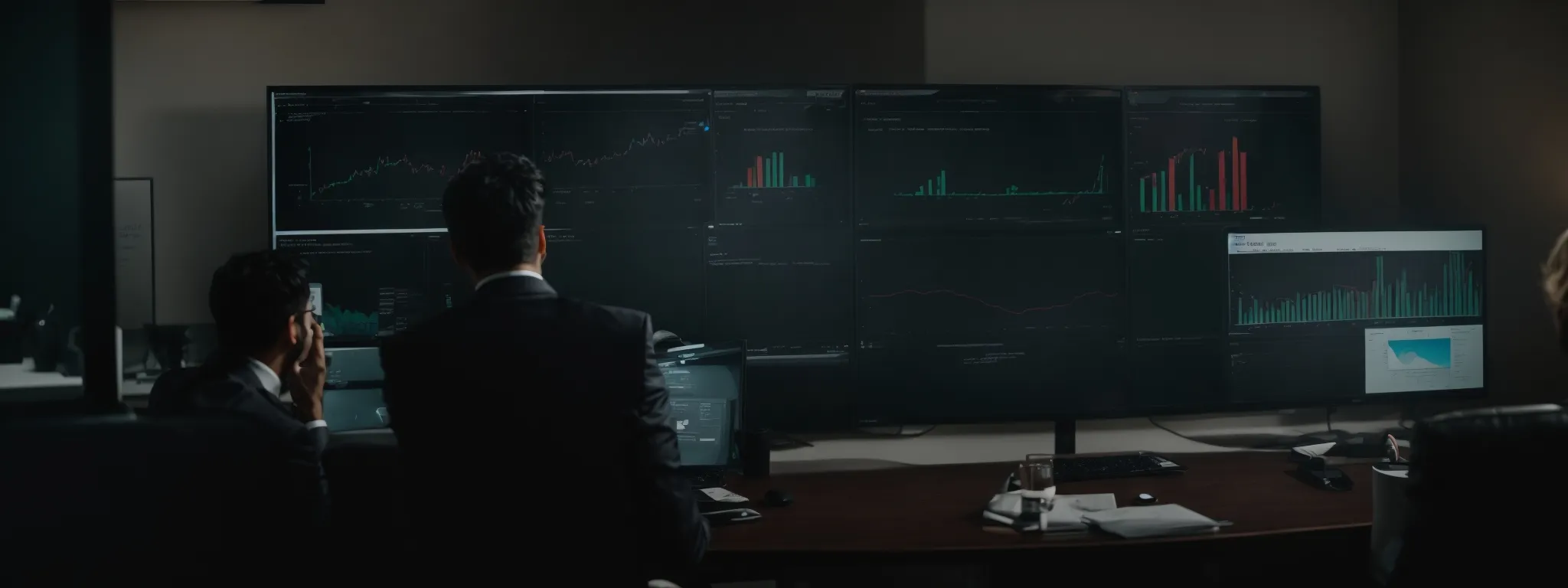 a strategy meeting with a large monitor displaying a website's analytics dashboard.