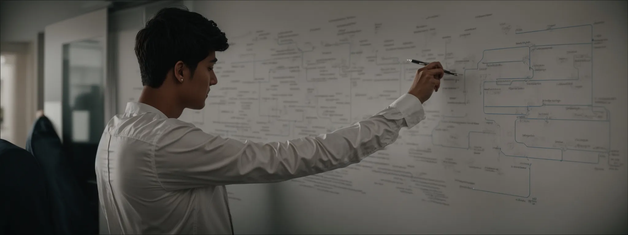 a person studying a complex flowchart on a whiteboard, illustrating search engine algorithms.