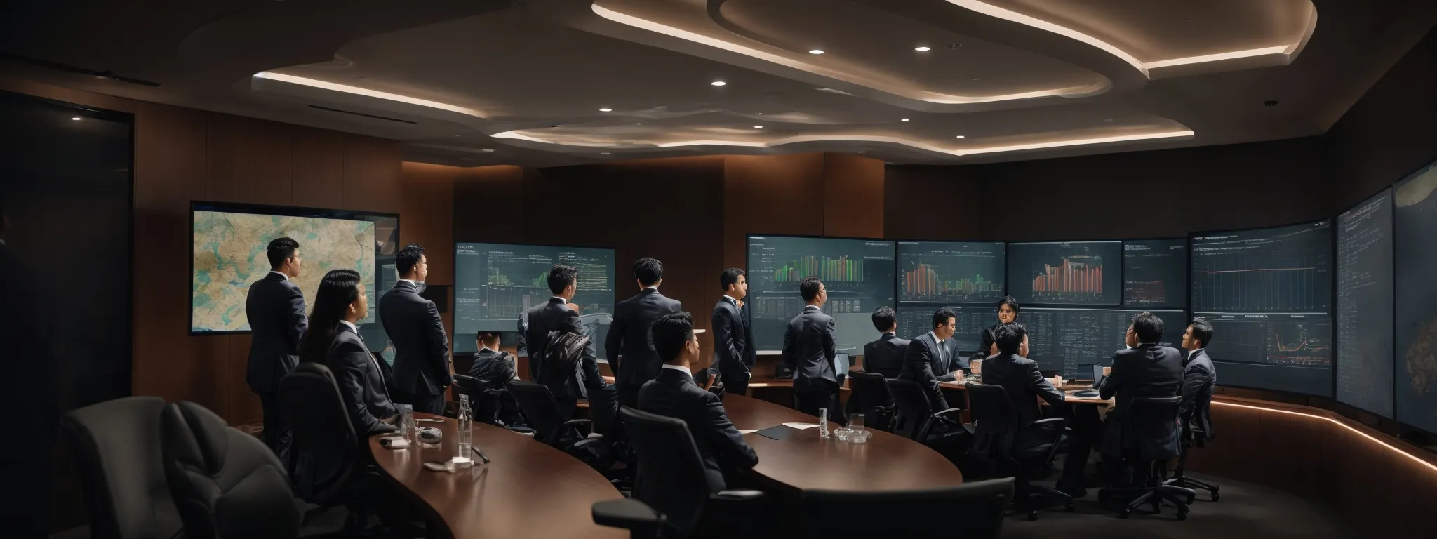 a conference room with a large screen displaying a complex data dashboard while a diverse group of professionals engage in a strategic meeting.