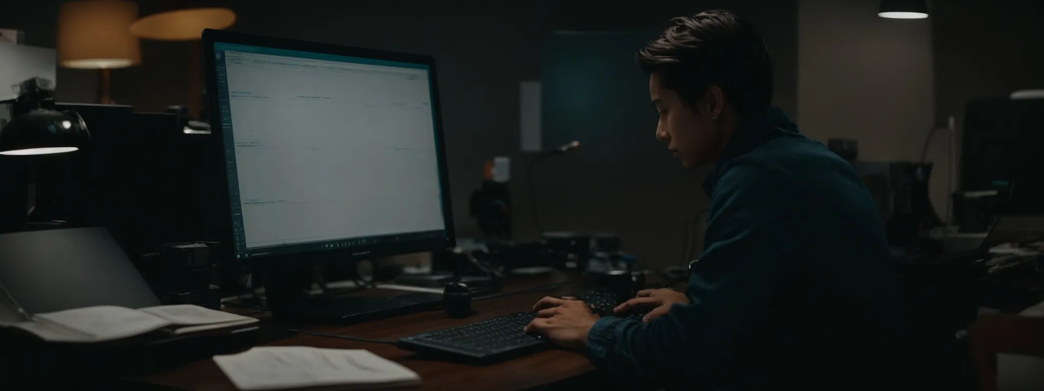 a person sits at a computer, deeply focused on analyzing charts and data on the screen.