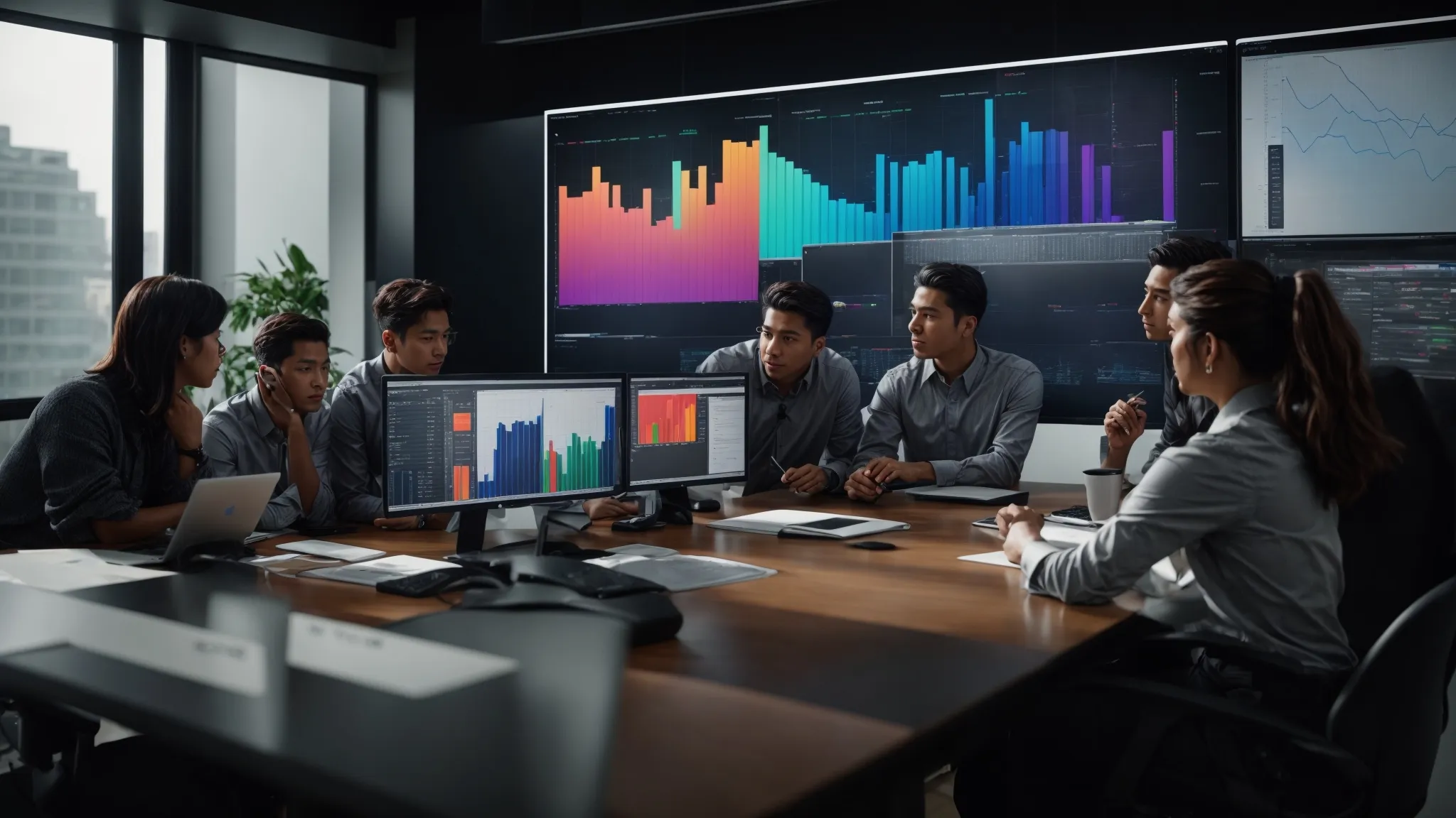 a team of professionals huddled around a large monitor displaying colorful analytics graphs while collaboratively strategizing their next move in an open-plan office.