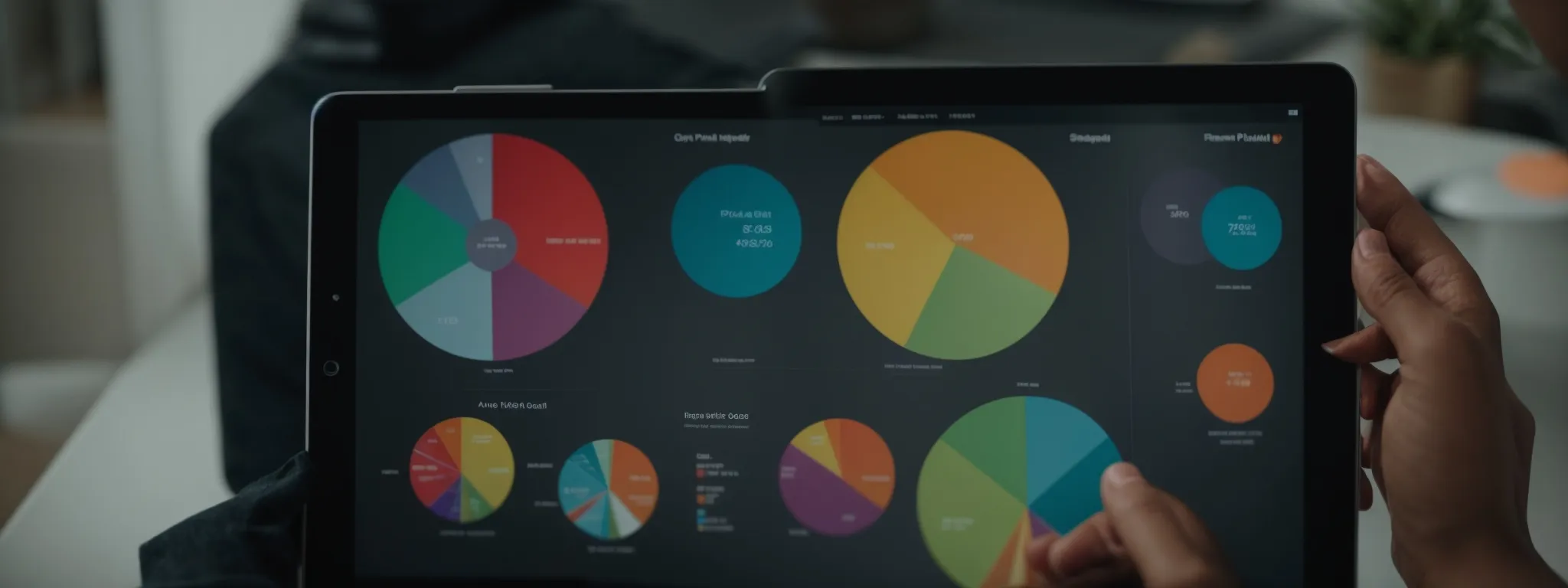 a small business owner analyzing a colorful pie chart on a tablet screen to strategize marketing efforts.