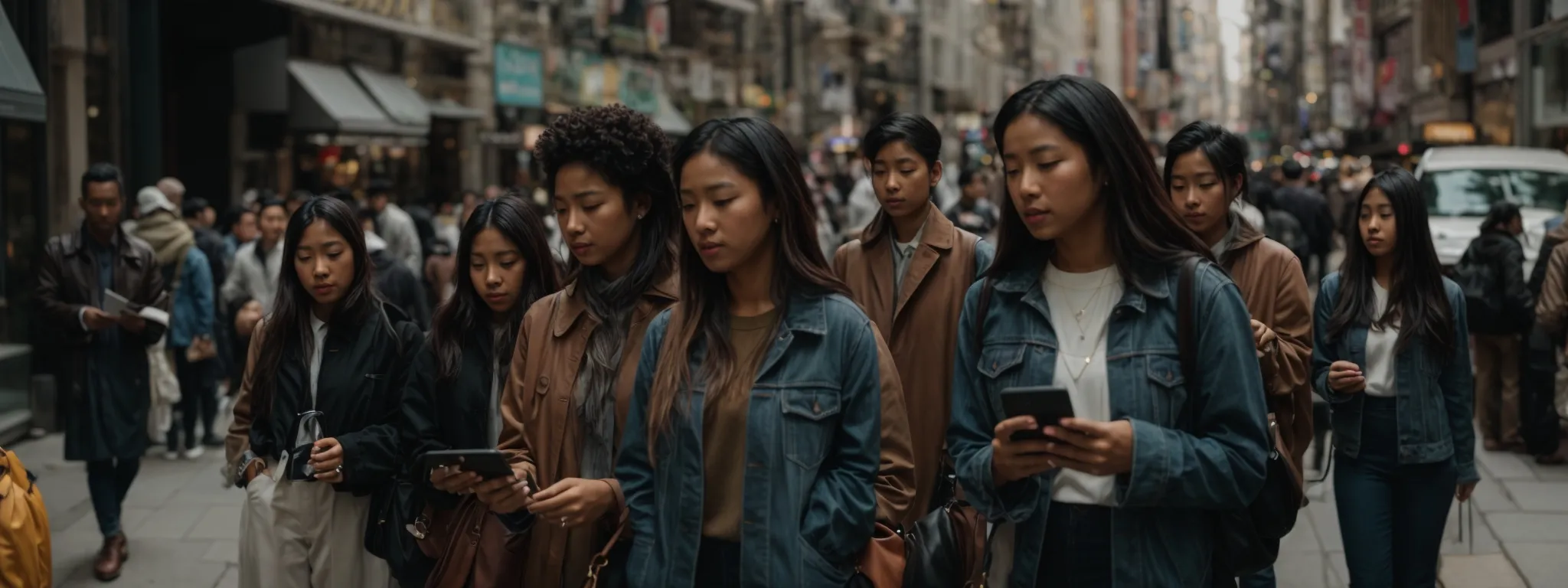 a group of diverse people intently browsing on their smartphones while walking down a bustling city street.