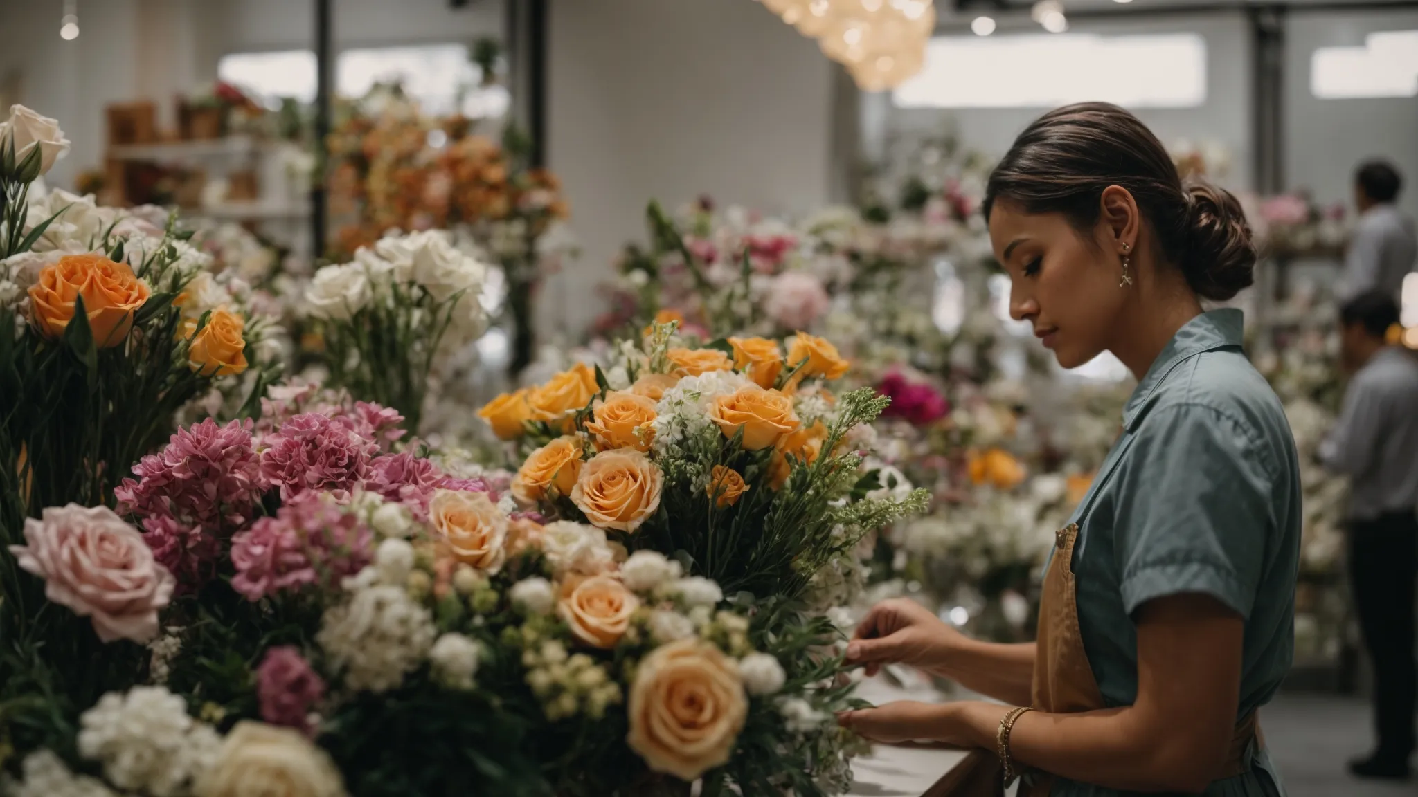 a person customizing flower arrangements in a boutique filled with various types of blooms.