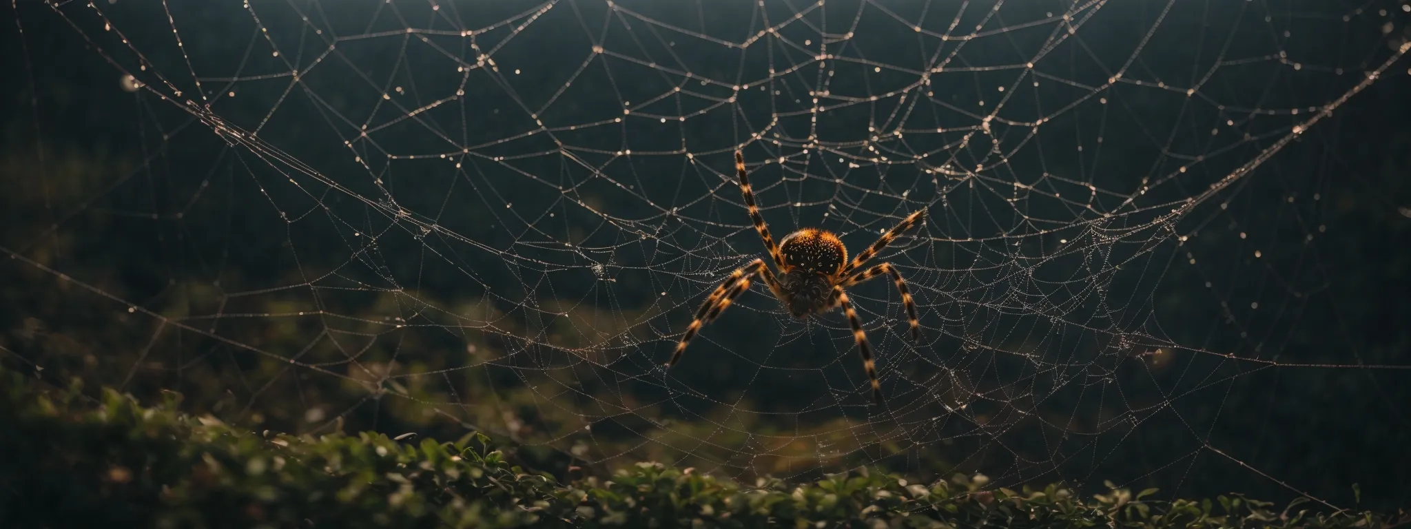 a spider weaves an intricate web with multiple pathways converging at a central node, symbolizing an organized network of links.