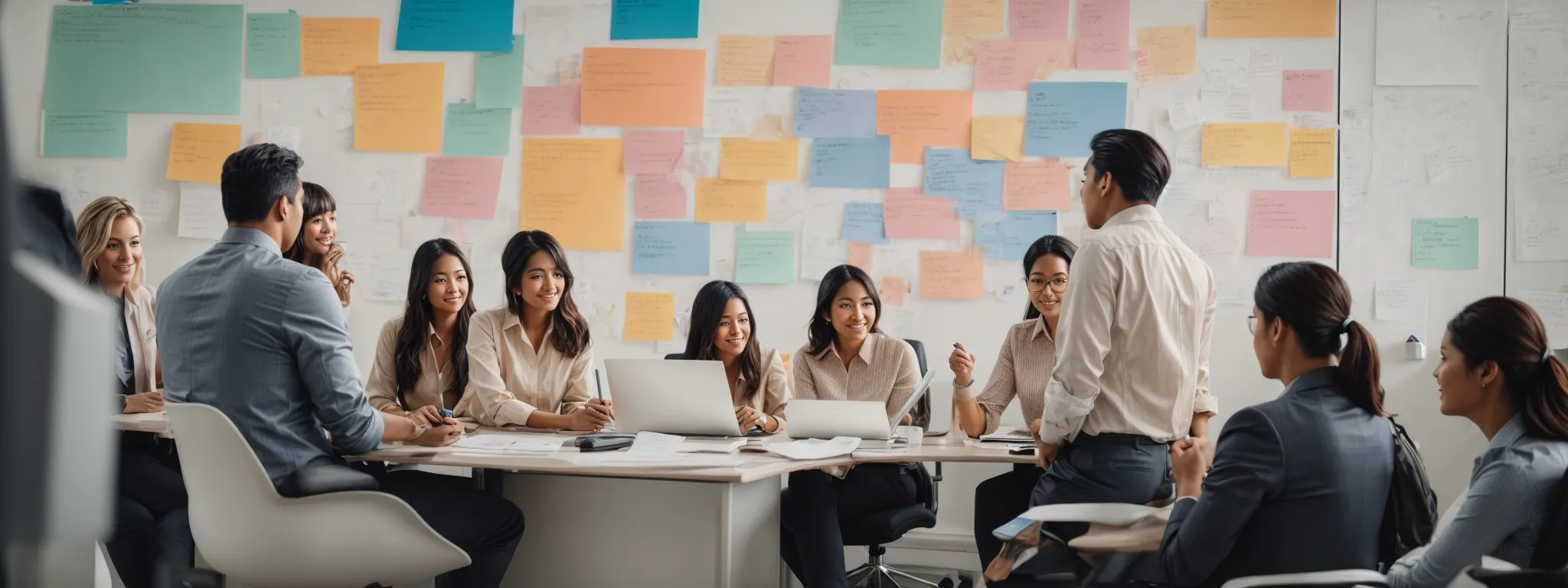 a bustling office with a diverse team engaging in a dynamic brainstorming session near a whiteboard filled with colorful marketing strategy diagrams.