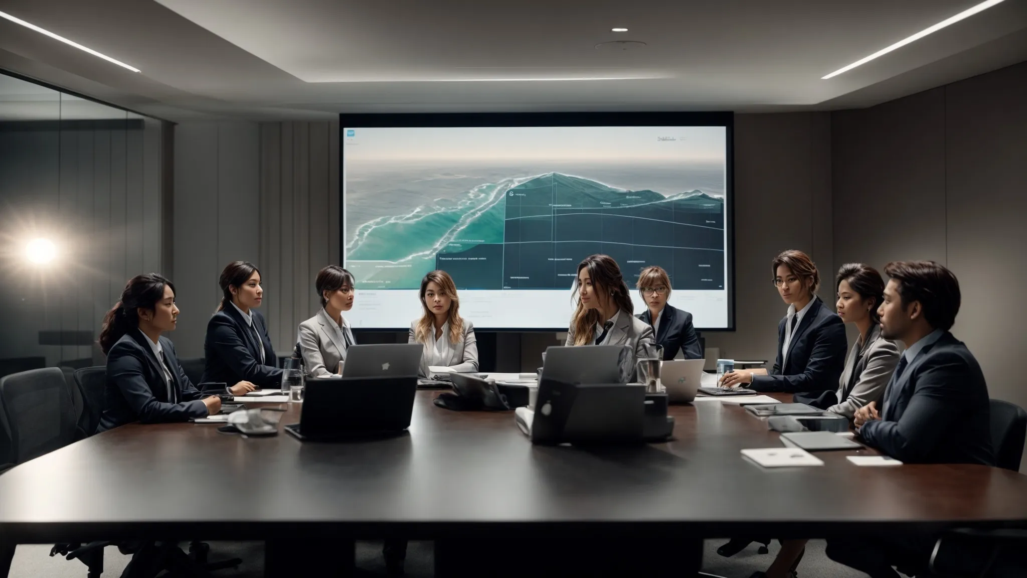 a team of professionals, gathered around a conference table with a laptop, discusses strategies highlighted on a screen displaying regional analytics.