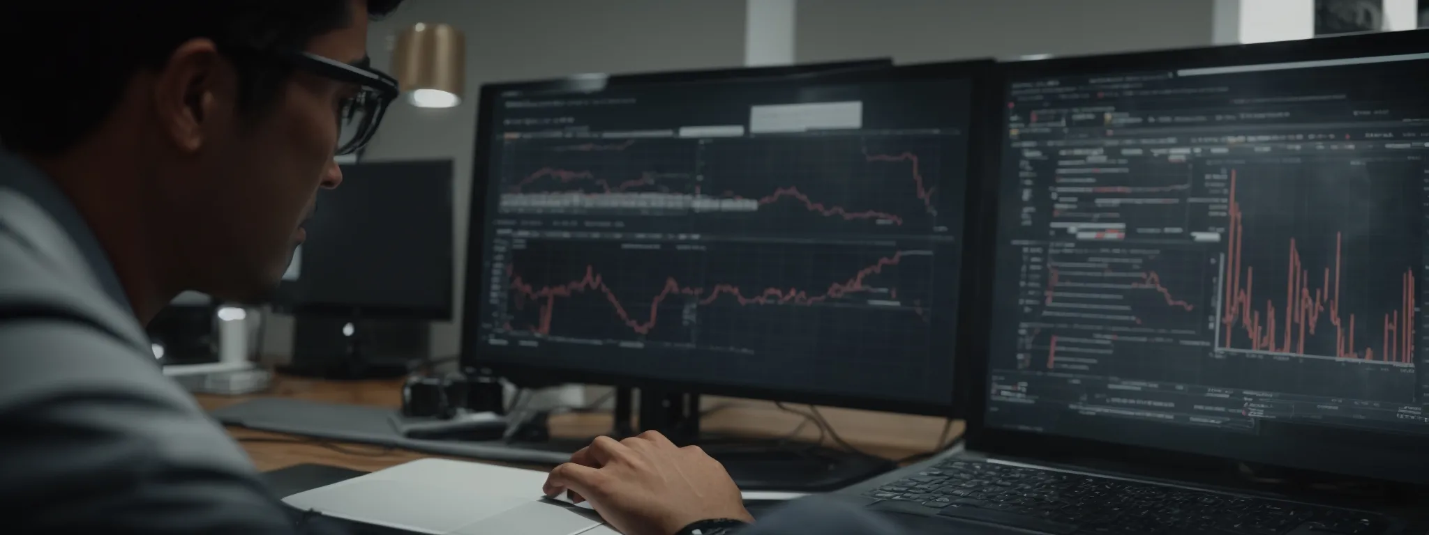 a marketer analyzing graphs and charts on a computer screen to assess the effectiveness of seo strategies.
