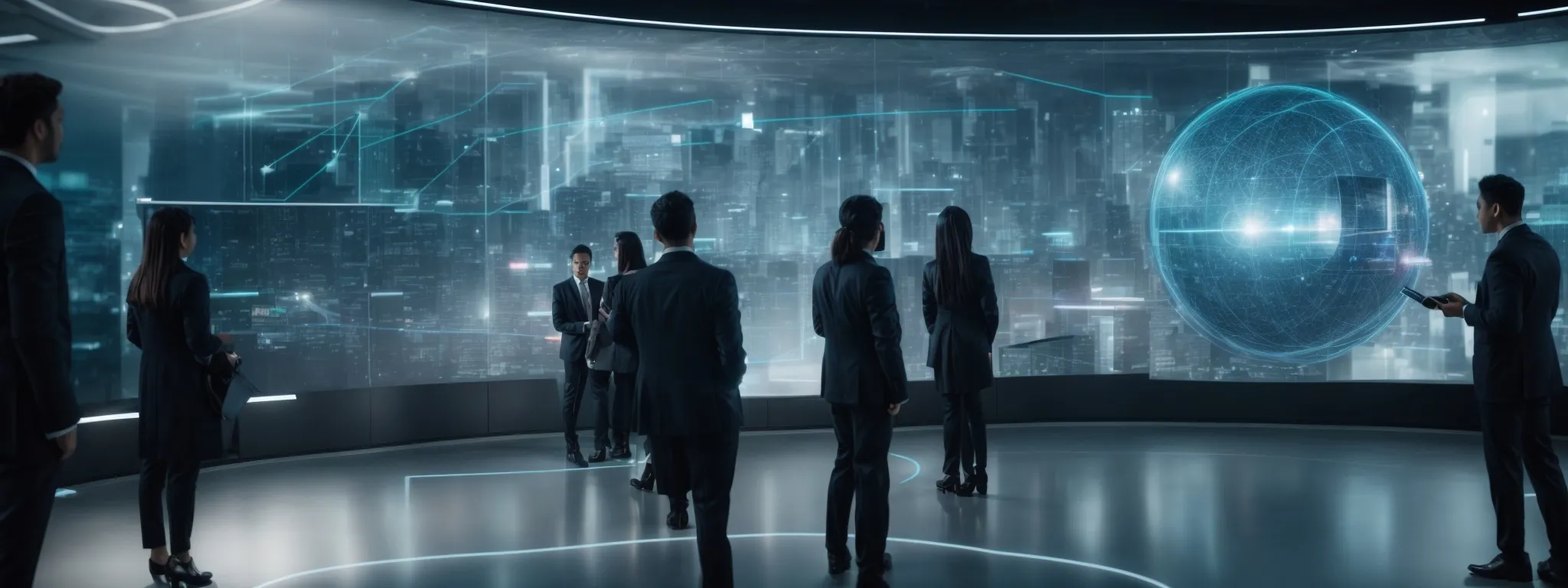 a group of professionals in a futuristic office space collaboratively engaging with a large interactive holographic display showing a 3d virtual world.