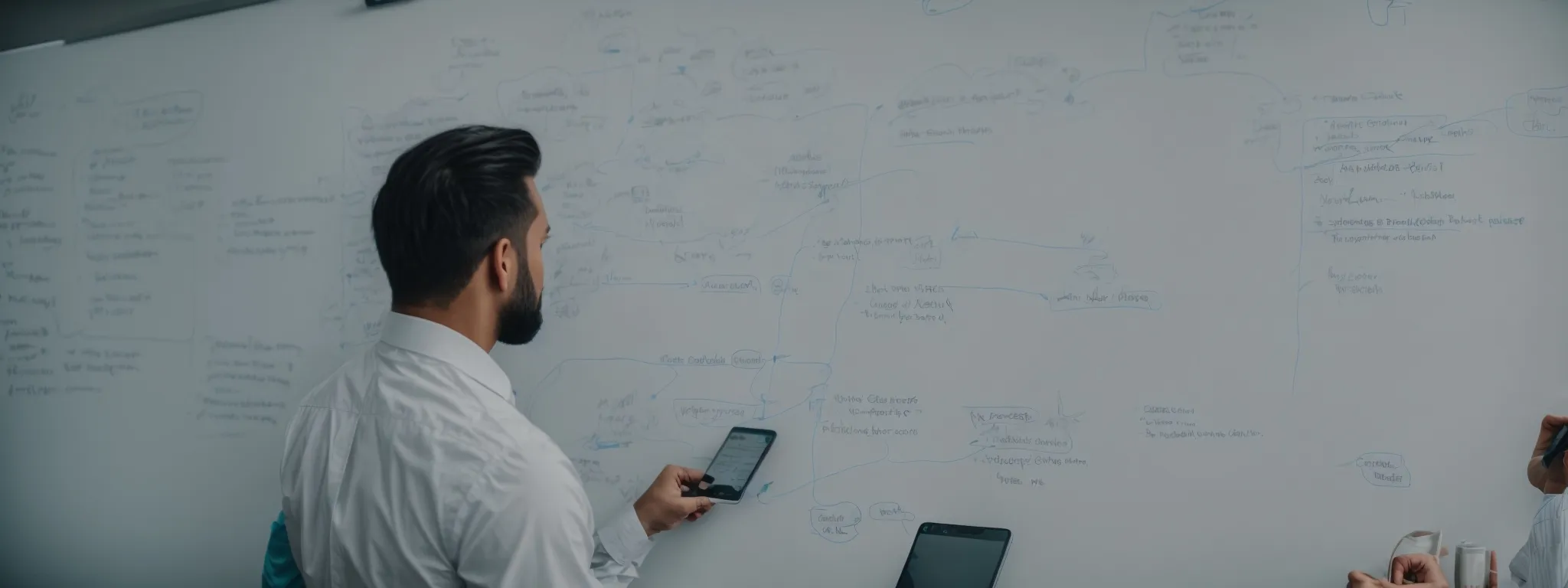a strategist outlines a robust seo plan on a whiteboard, illustrating connections between various ecommerce products and potential influencer partnerships.