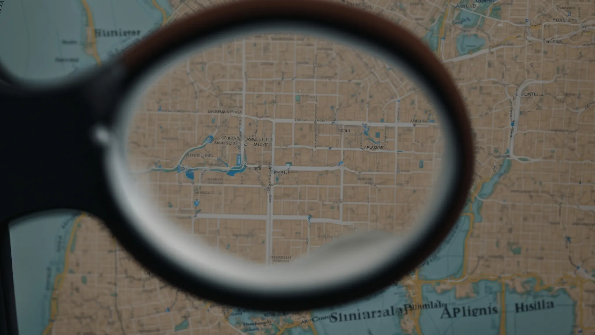 a magnifying glass over a map pinpointing a local business amidst a cityscape.