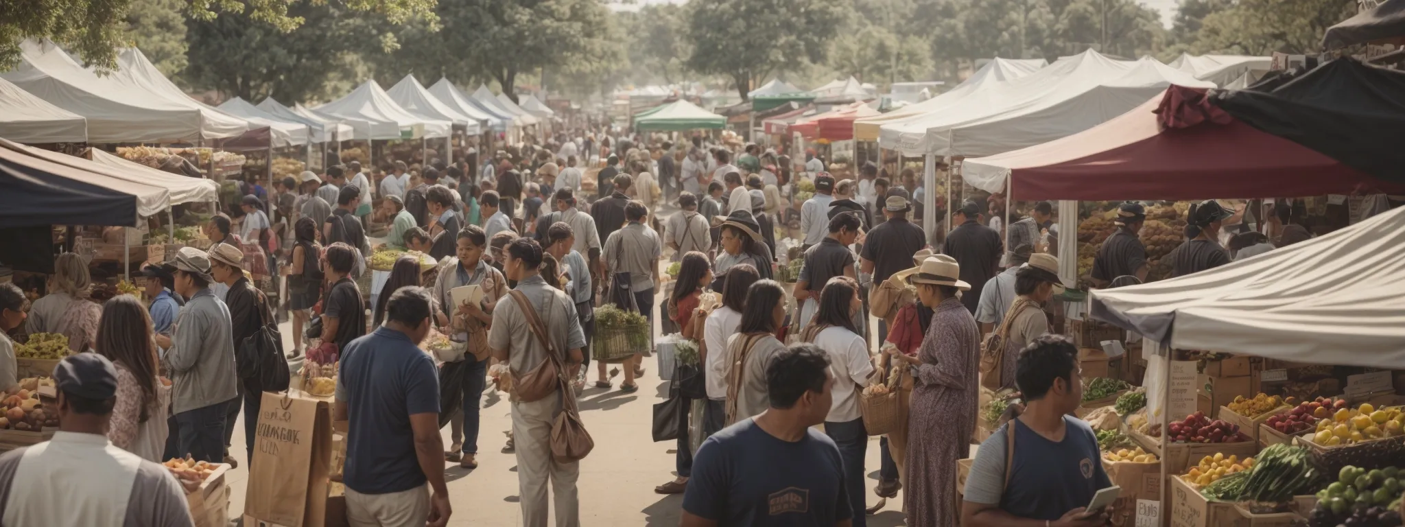 a bustling local farmers market with vendors engaging customers and posting on tablets and smartphones.