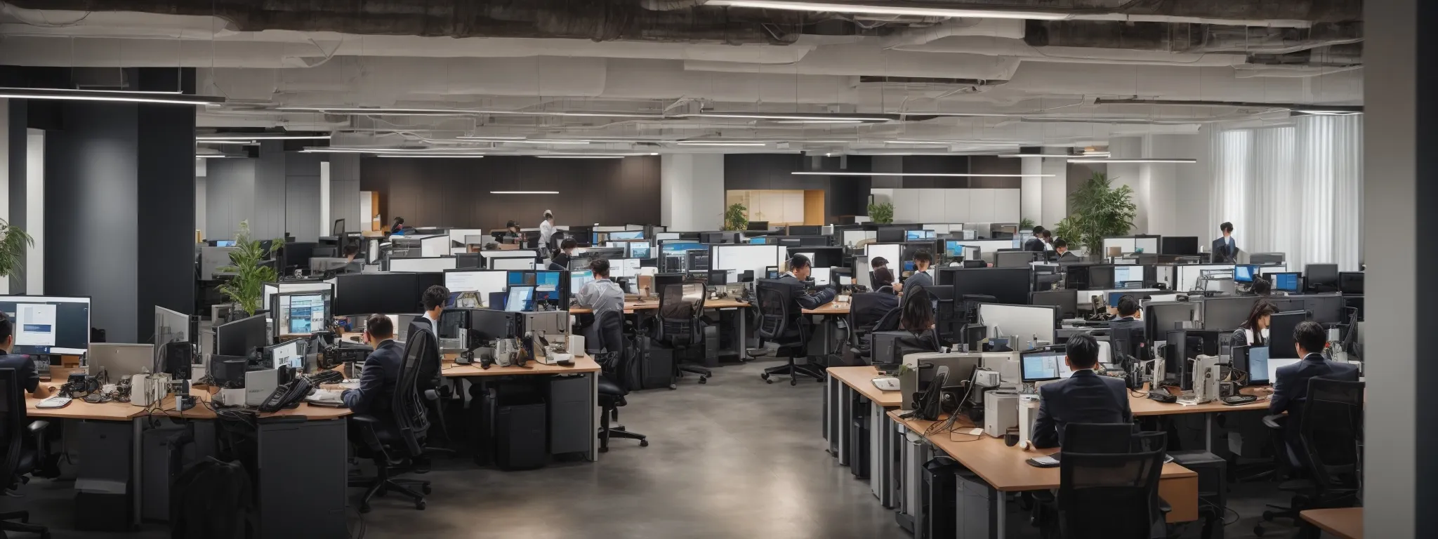 a modern, open-plan office bustling with professionals working on computers amid collaborative spaces.