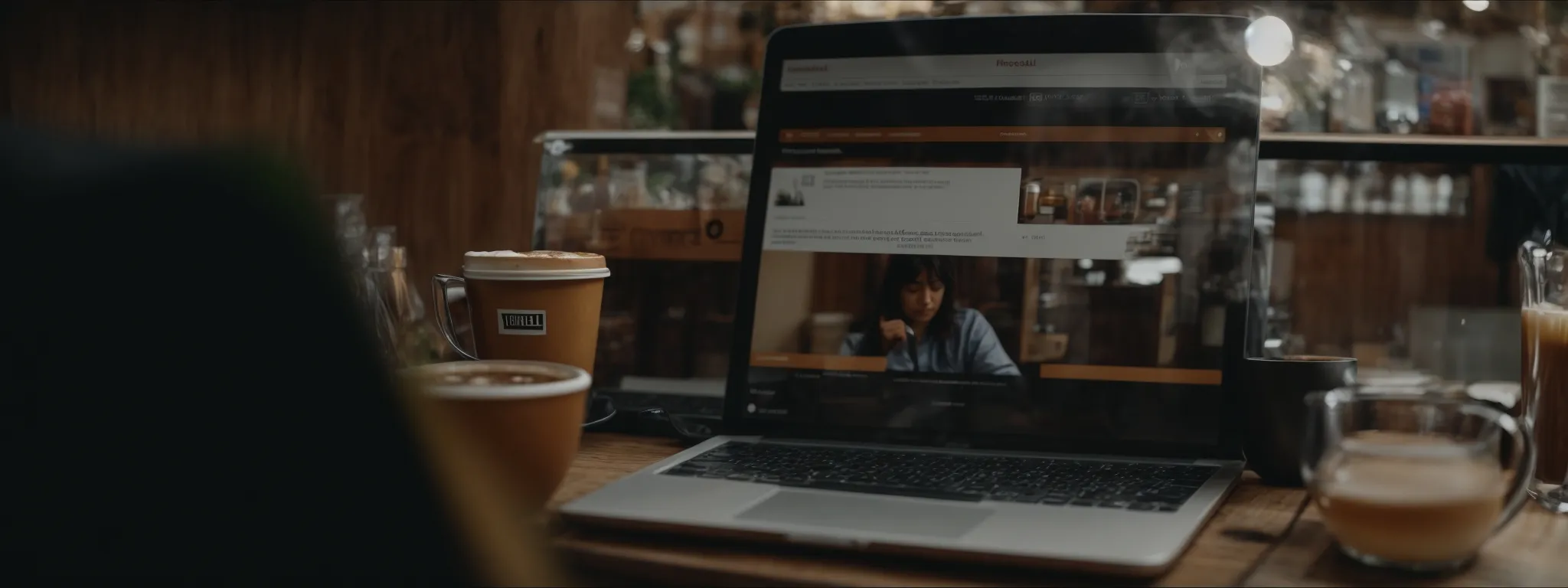 a shopkeeper optimizes their online business profile on a laptop in a cozy coffee shop.