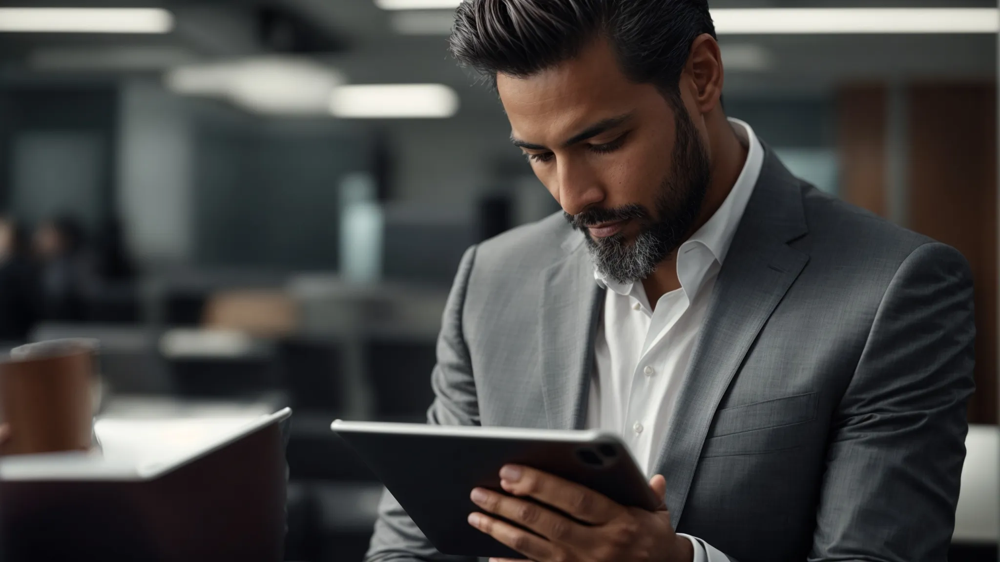 a business executive is reading reviews on a tablet in a modern office.