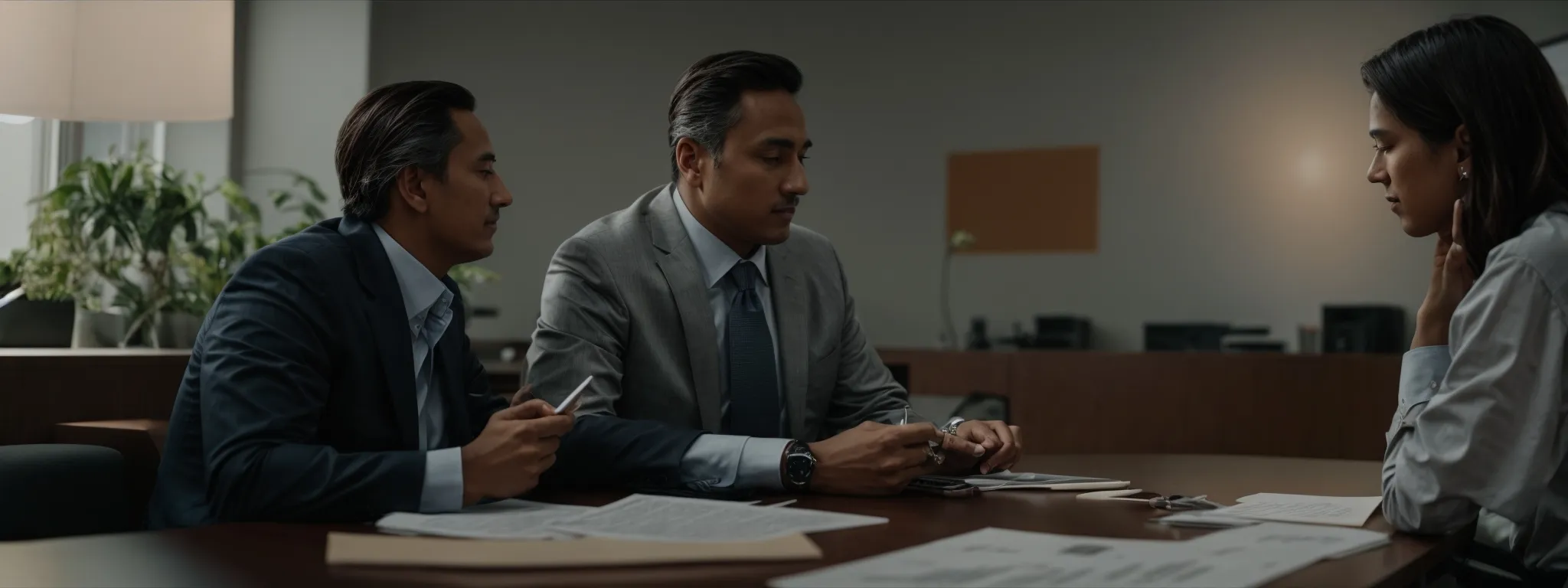 two professionals sit facing each other across a table, discussing a document in a well-lit office meeting room.