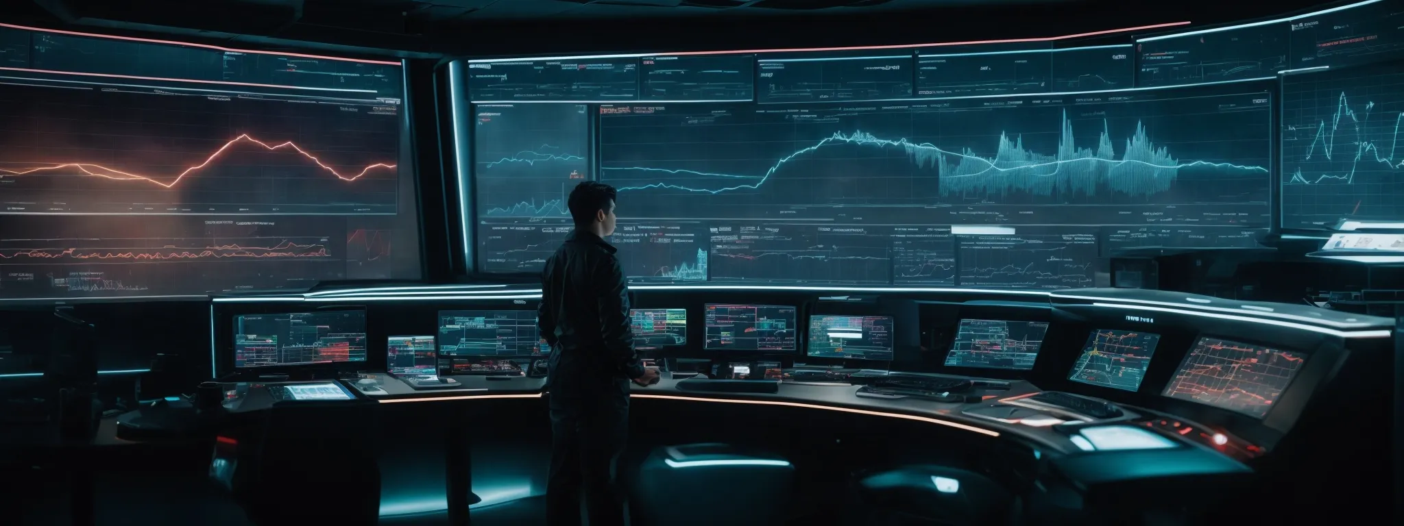 a futuristic control room with glowing interactive screens displaying graphs and analytical data, symbolizing cutting-edge marketing technology.