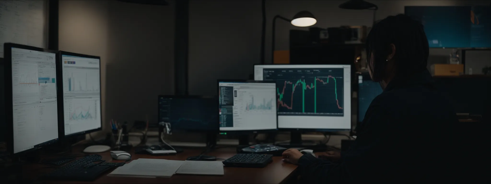a person sits at a desk with a computer, surrounded by graphs and analytics, in deep concentration.