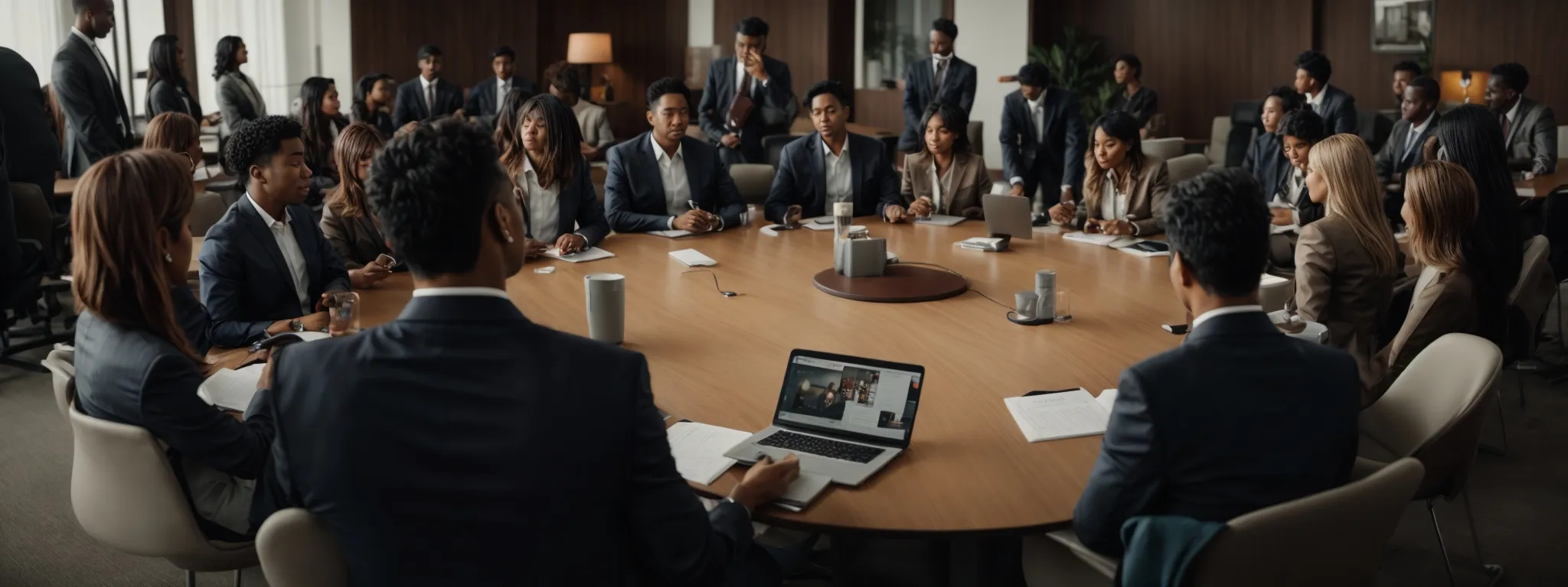 a round conference table with diverse individuals actively engaged in a collaborative discussion with digital devices and marketing materials.