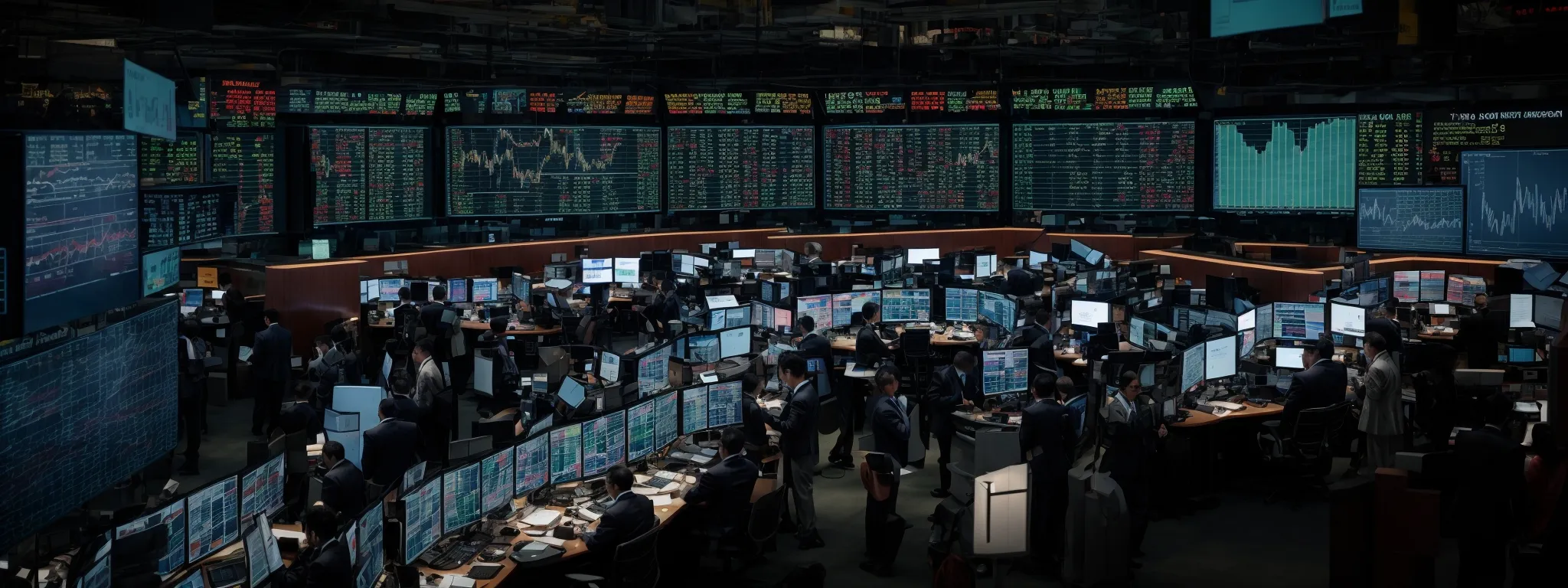a bustling stock market trading floor with screens displaying dynamic charts and graphs.