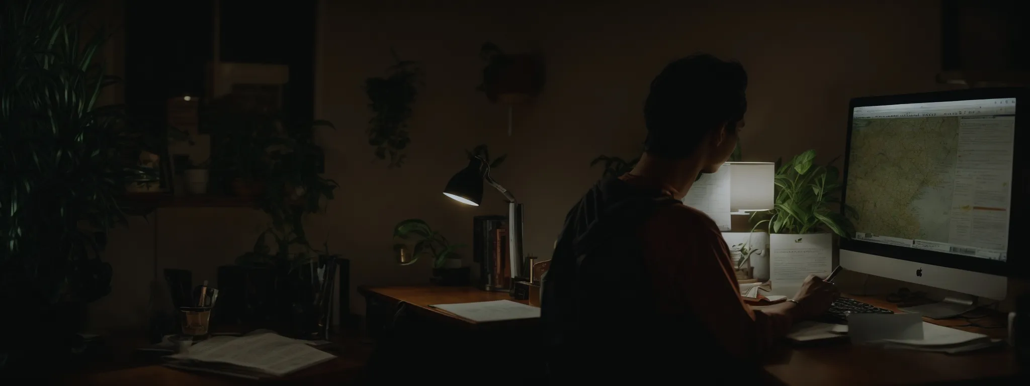 a person seated at a desk, absorbed in writing an eye-catching headline on a computer screen framed by a potted plant and a dimly lit lamp.