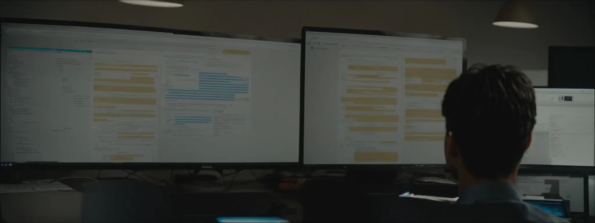 a web developer reviews a sitemap structure on a computer screen amidst a neat office setting.