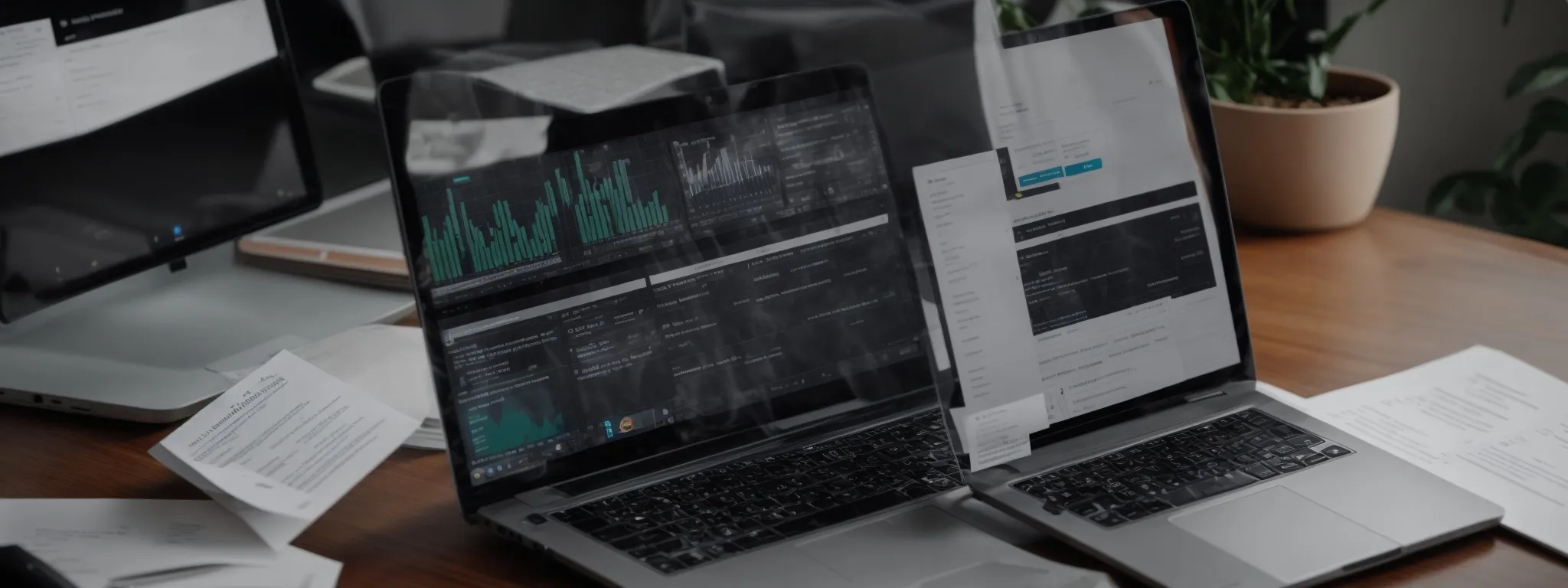 a laptop with seo analytics on the screen surrounded by marketing strategy documents.