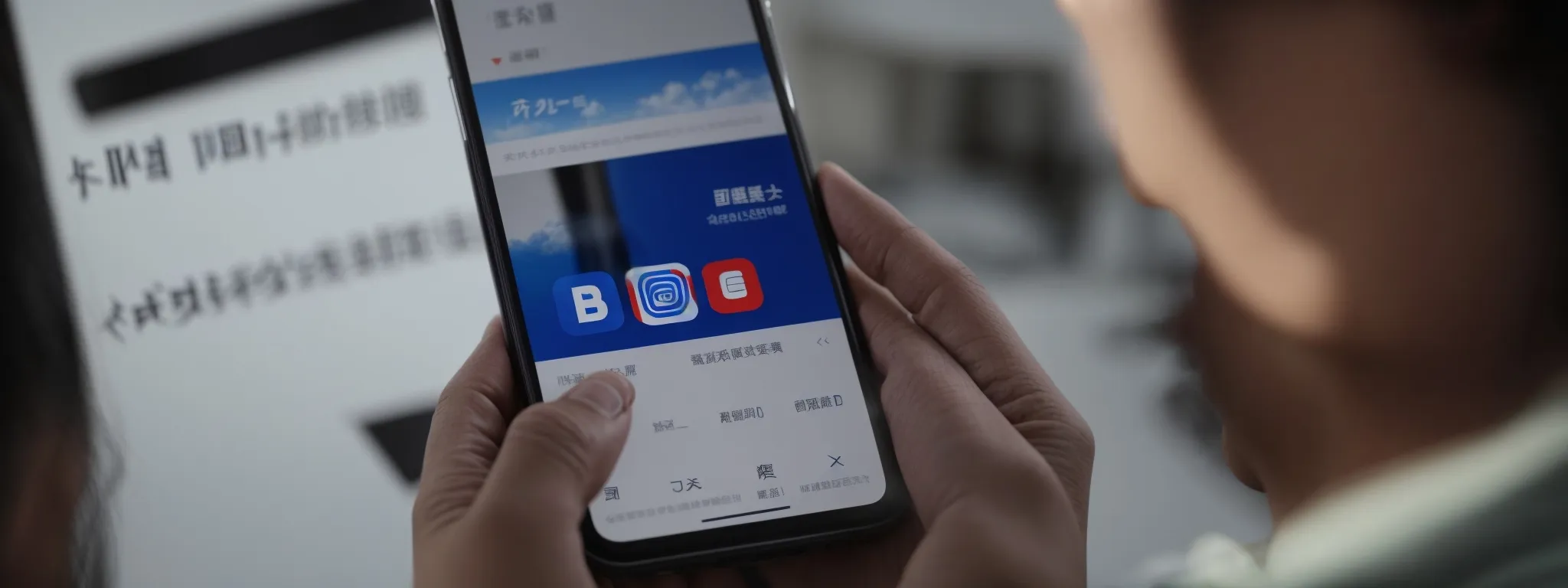a person using a smartphone with baidu's homepage visible on the screen, symbolizing mobile web browsing in china.