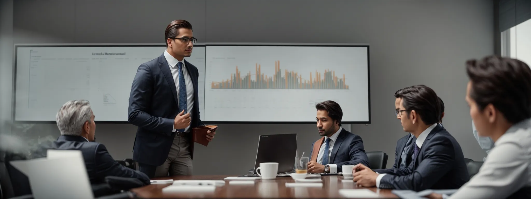 a confident business professional presents a graph showing upward growth trends to attentive executives in a modern boardroom.
