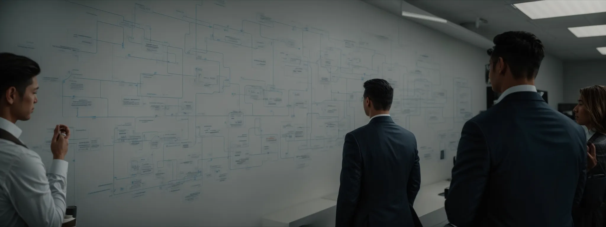 a group of professionals analyzes a large flowchart on the wall, illustrating various customer pathways in different industry sectors.