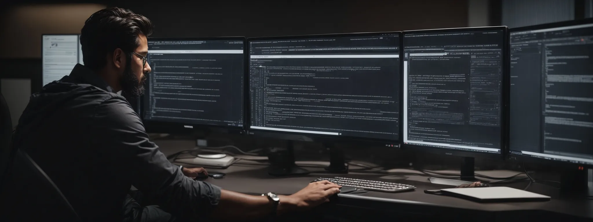 a professional sitting at a modern workspace with dual monitors displays a website's front-end on one and lines of html code on the other, symbolizing on-page seo optimization.