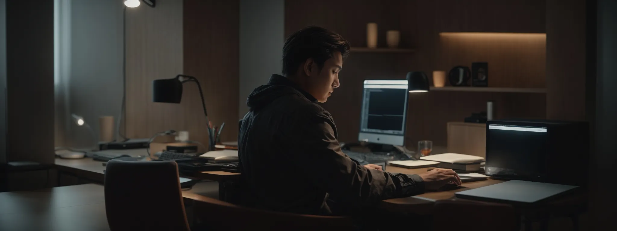 a writer sits thoughtfully at a minimalist desk, with an ai assistant interface open on a sleek, modern computer, surrounded by soft lighting.