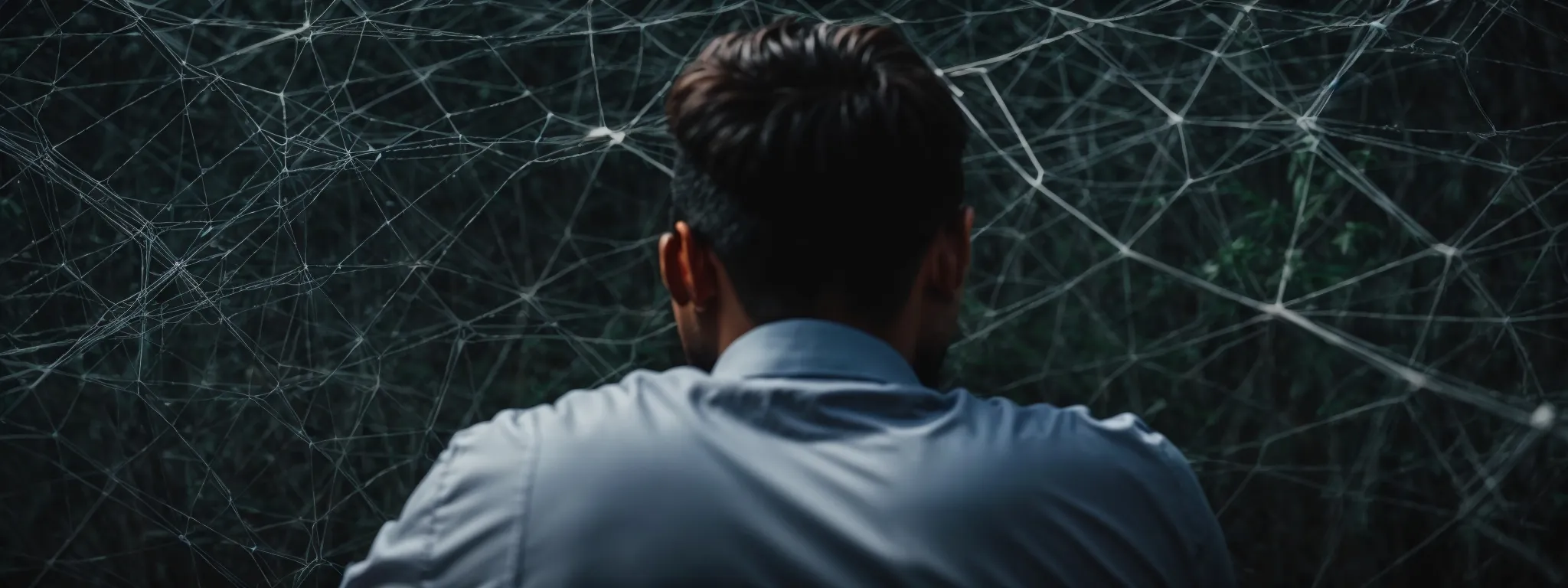 a person deeply focused on a computer screen, reviewing a complex web of interconnected nodes representing the challenge of ethical link-building in seo.