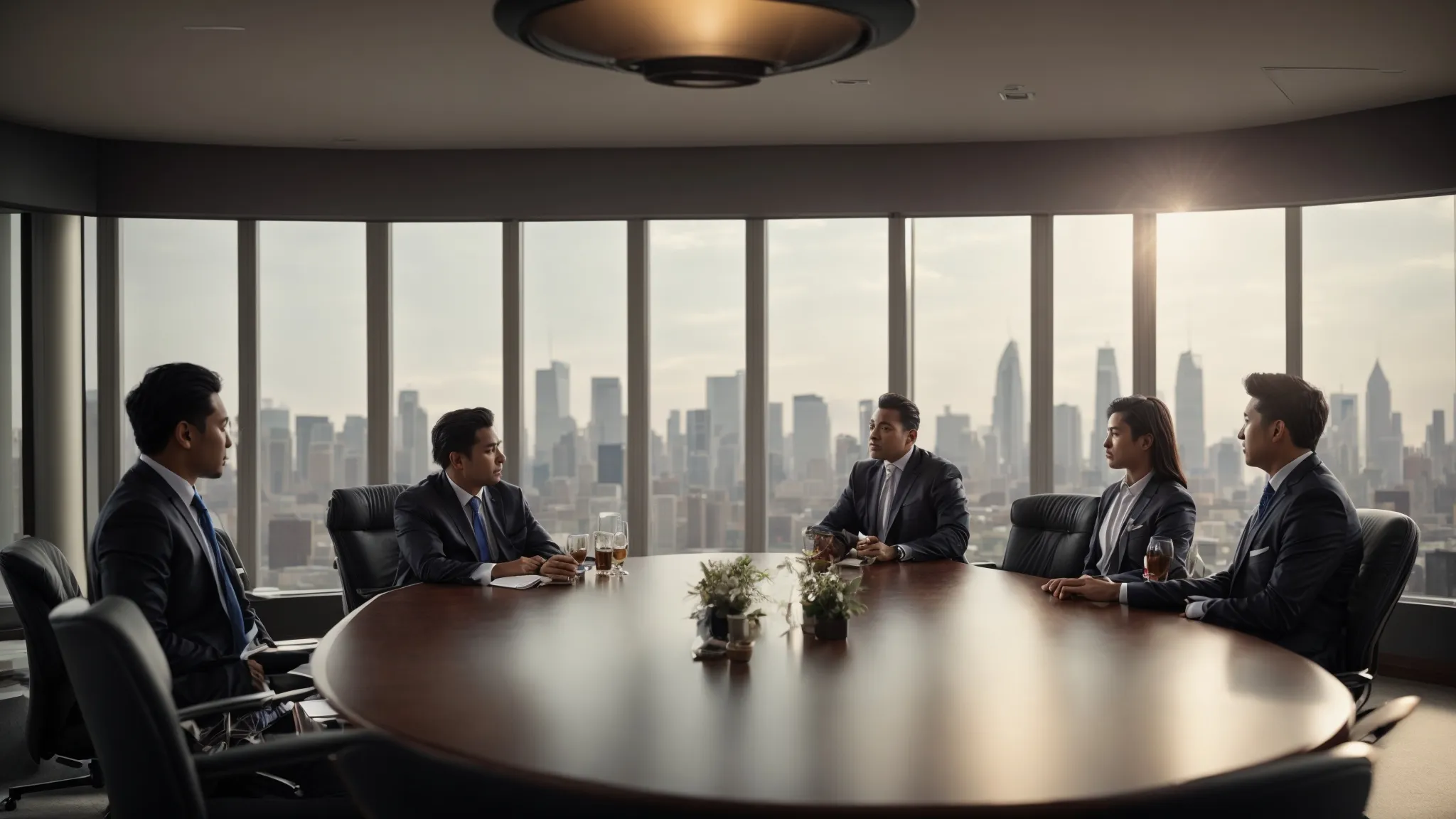 a group of professionals gathered around a conference table, discussing strategies with a city skyline in the background.