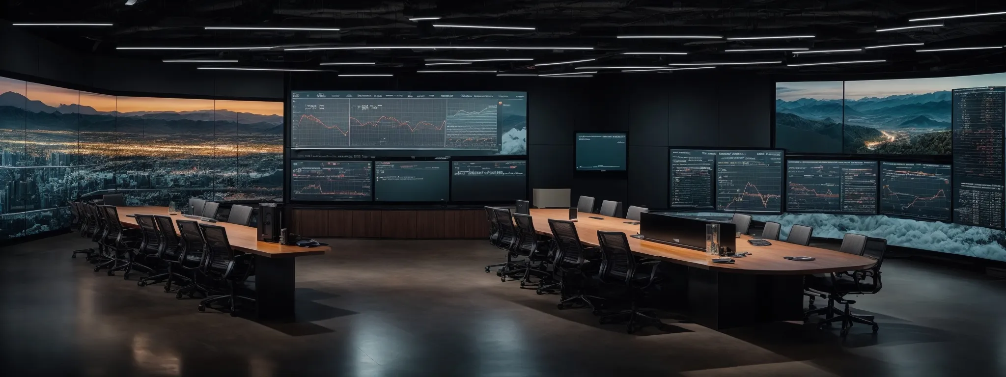 a professional conference room with a large digital screen displaying graphs and website analytics.