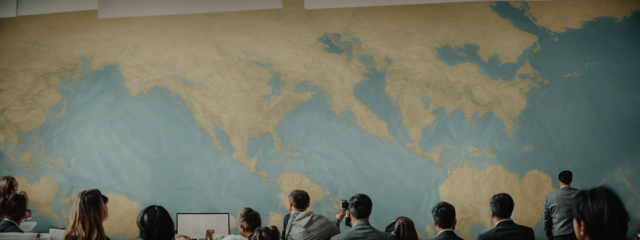 a team views a large world map on a wall, discussing strategies for global digital expansion.