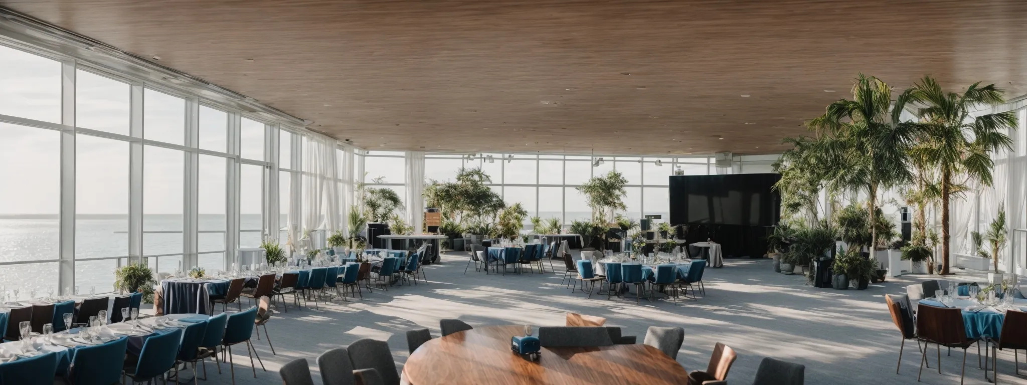 a seaside conference venue with a fusion of modern tech setups and nautical decor overlooking the tranquil maryland coast.