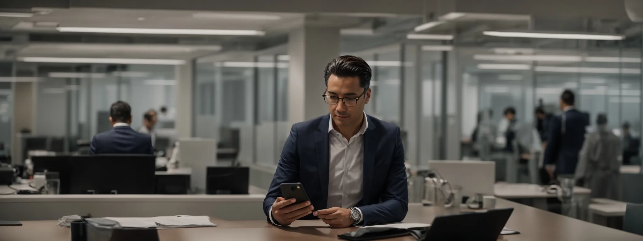 an attorney attentively checking a smartphone for client reviews amidst a well-organized, modern office.