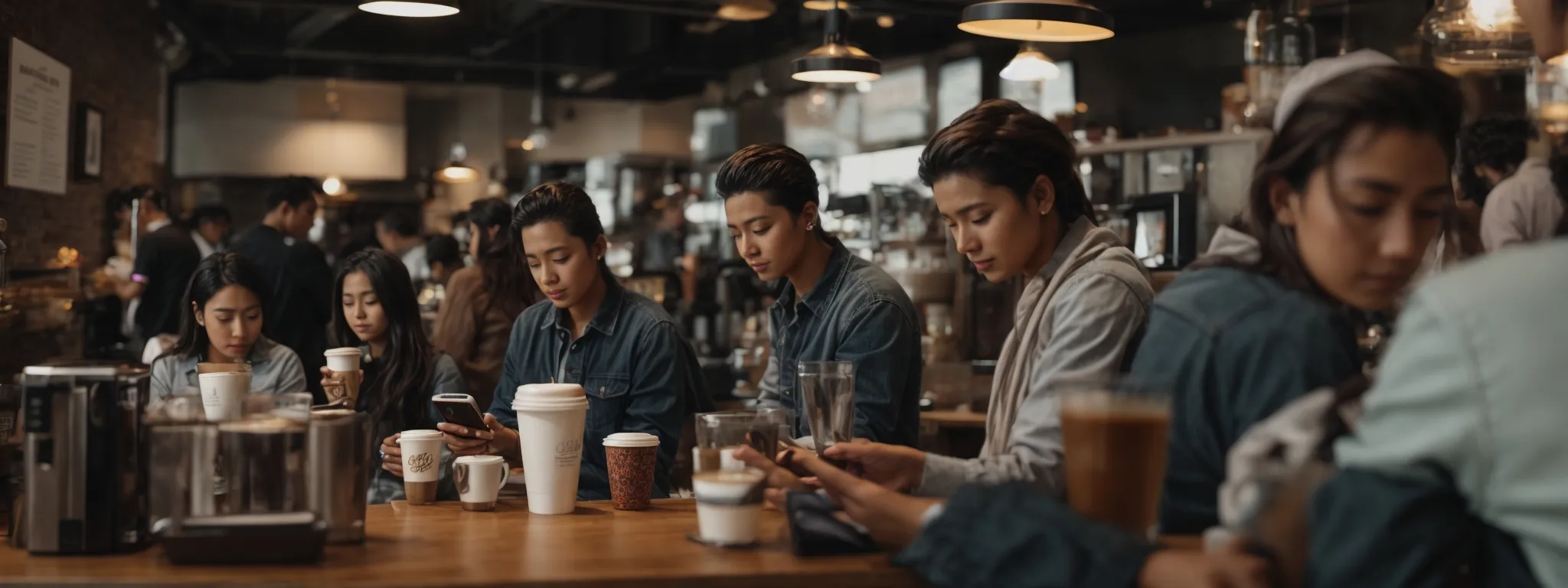 a bustling local coffee shop with people focused on their smartphones and tablets, seemingly engaging with the digital world around them.