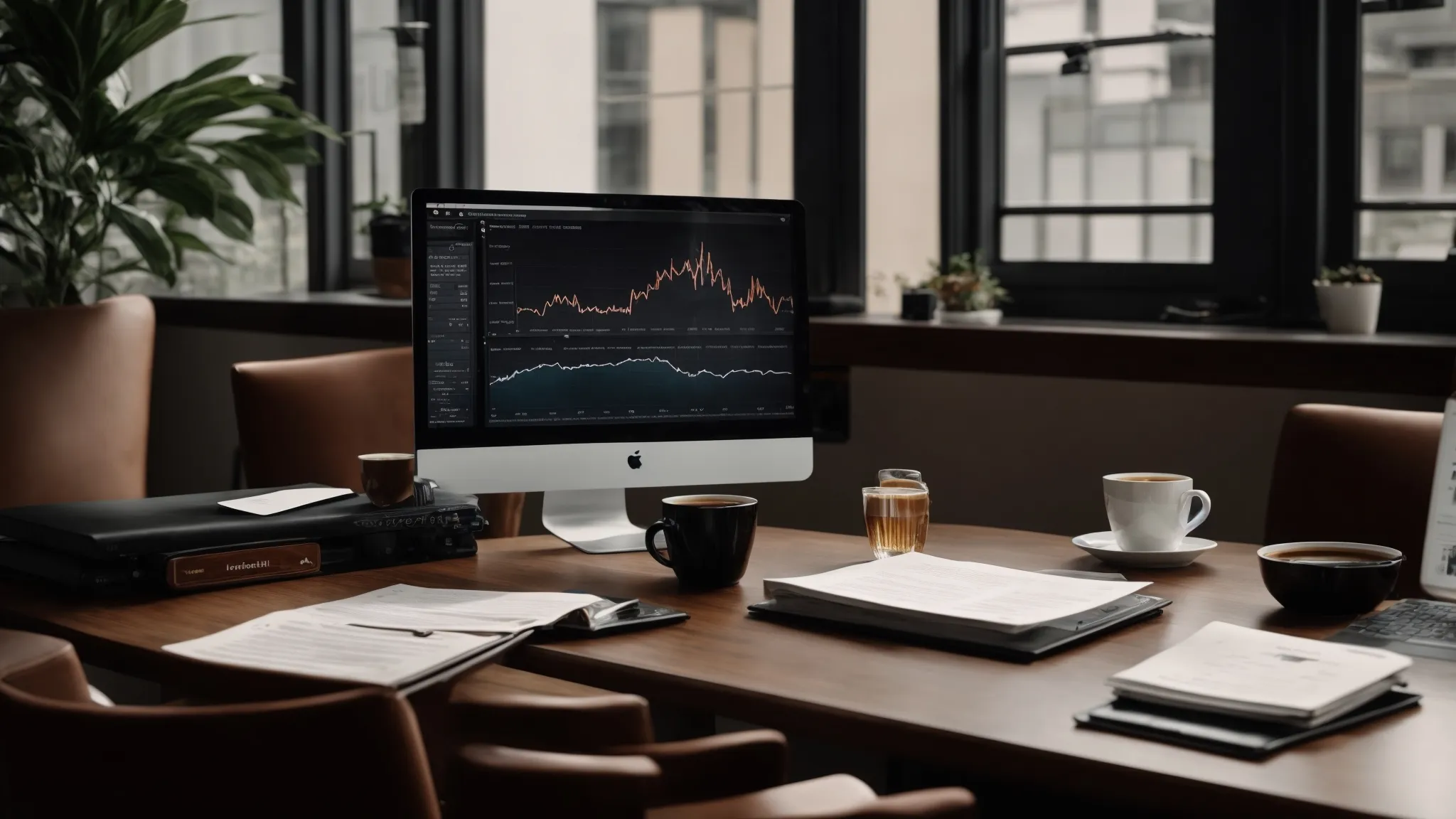 a desktop with a computer displaying charts, a cup of coffee, and seo strategy notes.