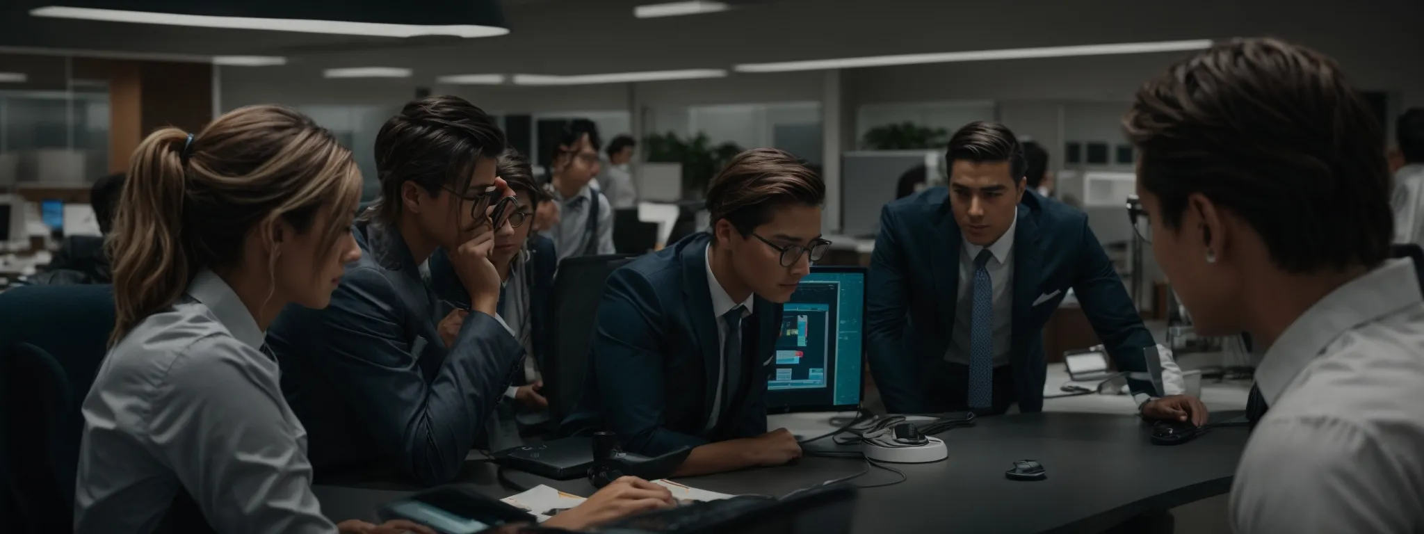a group of professionals collaborating around a computer in a modern office setting.
