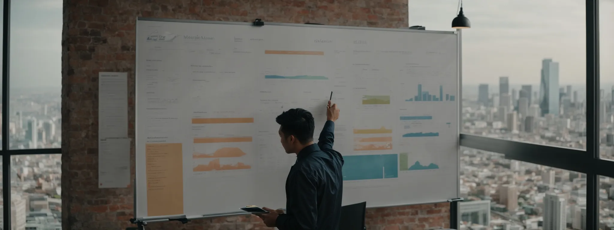 a digital marketer outlines a content plan on a whiteboard overlooking a panoramic city view.
