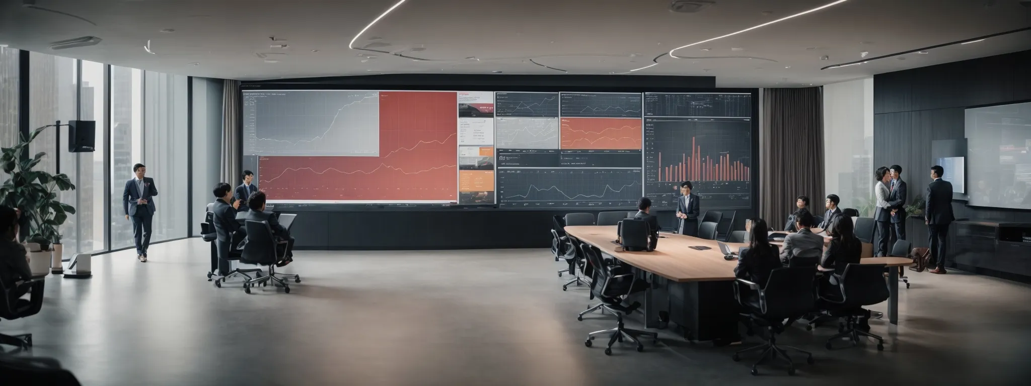 a conference room showcasing a large screen with data analytics graphs and a diverse team of professionals actively engaged in discussion.