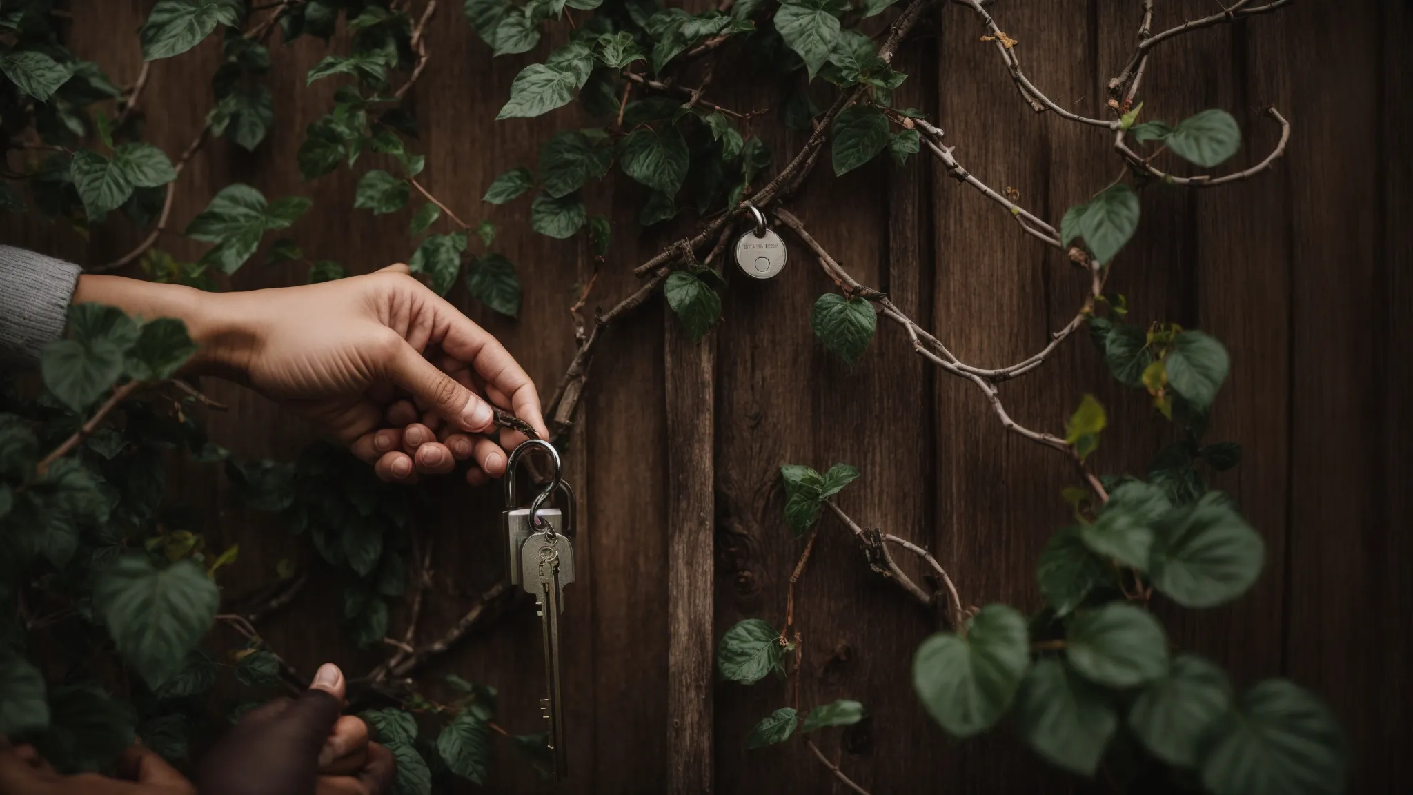 a person places a key into a lock surrounded by a network of interconnected vines and leaves against a rustic wooden background.