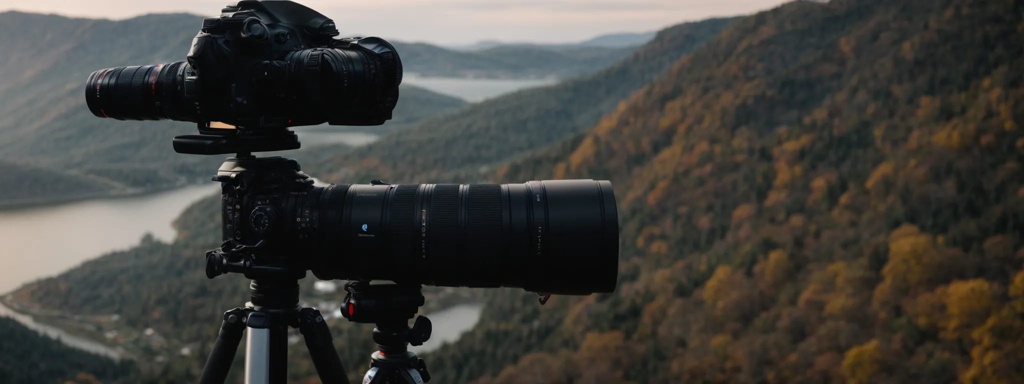 a camera on a tripod overlooking a scenic vista, emblematic of a photographer's quest for online visibility.