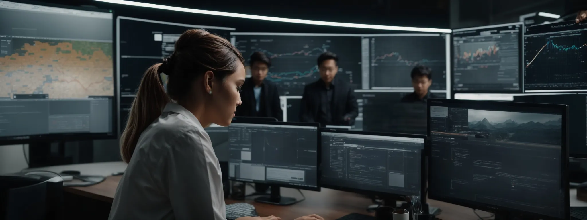 a digital marketing team observes on-screen visual analytics while ai software adjusts a website's user interface in the background.